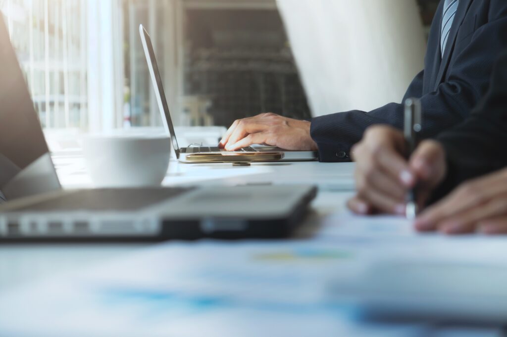 Business office life man using computer.